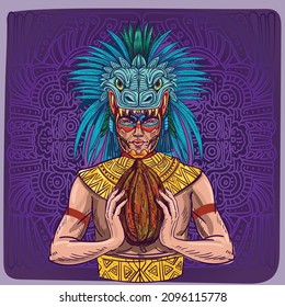 A Mayan Indian in national costume holding a cocoa bean. The historical homeland of the cacao bean is Mexico. Vector illustration, national ornament 
