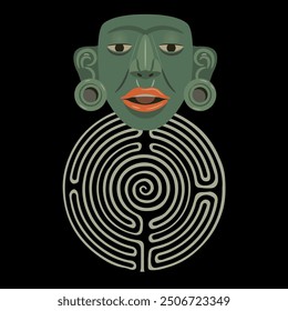 Mayan jade mask on a round spiral maze or labyrinth symbol. Creative concept. Mystery of Pre-Columbian culture.