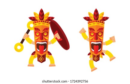 mayan mask cartoon character set dancing ready to war