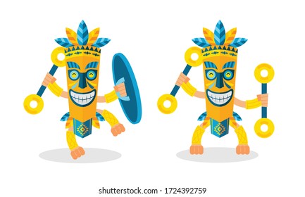 mayan mask cartoon character set dancing ready to war