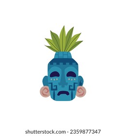 Mayan mask, flat vector illustration isolated on white background. Wooden mask of god with feathers. Maya civilization culture and traditions.