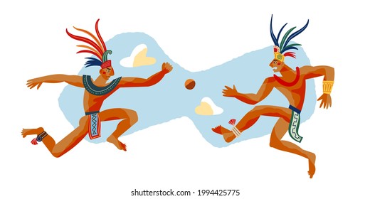 Mayan men playing ball. Ancient civilisation sport in Mexico vector illustration. Tribal men in traditional clothes and headwear on white background, side view in air with clouds.