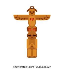 Mayan mexican wooden totem idol sculpture, flat cartoon vector illustration isolated on white background. Mexican aztec or mayan ancient civilization symbol.