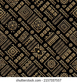 Mayan patchwork seamless pattern. Tribal geometric vector swatch. Zigzag background for cover design. Retro chevron line vector print. Navajo ornamental texture. Black and gold colors.