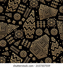 Mayan patchwork seamless pattern. Tribal geometric vector swatch. Zigzag background for cover design. Retro chevron line vector print. Navajo ornamental texture. Black and gold colors.