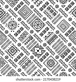 Maya Patchwork nahtlose Muster. Tribale geometrische Vektorgrafik. Zigzag Hintergrund für Cover-Design. Retro chevron Linie Vektordruck. Navajo-Zierstruktur. Schwarz-Weiß-Farben.