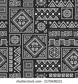 Mayan patchwork seamless pattern. Tribal geometric vector swatch. Zigzag background for cover design. Retro chevron line vector print. Navajo ornamental texture. Black and white colors.