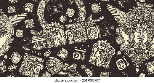 Mayan pattern. Ancient mexican civilization. Aztec, inca background. Old school tattoo style. Golden glyphs, Kukulkan, totem, dragon 