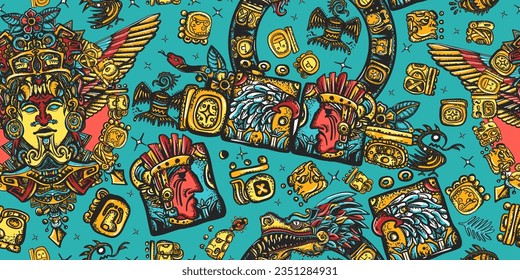 Mayan pattern. Ancient mexican civilization. Aztec, inca background. Old school tattoo style. Golden glyphs, Kukulkan, totem, dragon, indian