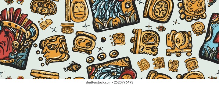 Mayan pattern. Ancient mexican civilization art. Aztec, inca background. Golden glyphs