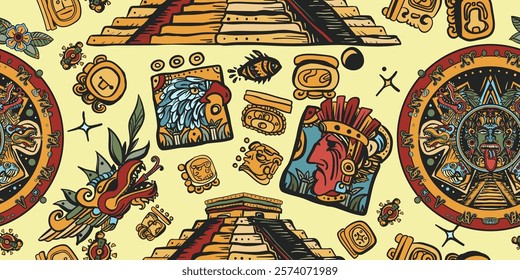 Mayan pattern. Ancient mexican civilization, pyramids. Aztec Mayan calendar, inca background. Golden glyphs