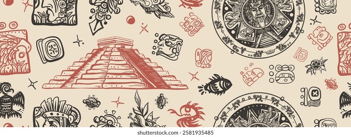 Mayan pattern. Ancient mexican civilization, pyramids. Aztec Mayan calendar, inca background