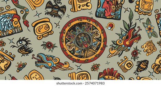 Mayan pattern. Aztec Mayan calendar, inca background. Golden glyphs. Ancient mexican civilization art