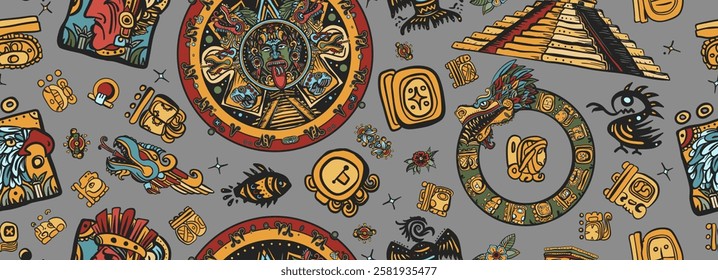 Mayan pattern. Aztec Mayan calendar, inca background. Ancient mexican civilization art. Golden glyphs