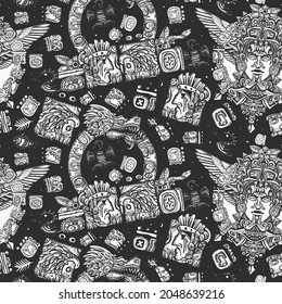 Mayan pattern. Magic glyphs, Kukulkan god, totem, dragon. Ancient mexican civilization. Aztec, inca background. Old school tattoo style