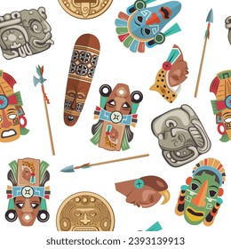 Mayan pattern. tribal authentic masked faces. Vector cartoon seamless background