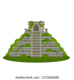 Mayan pyramid. Ancient American culture. Building in green jungle. Tourist attraction of Mexico. Stepped abandoned temple. An old mysterious civilization. Cartoon flat illustration