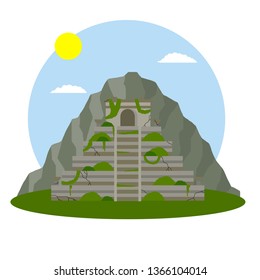 Mayan pyramid. The ancient mystical temple of the Indians of Mexico. South American tourist attraction. Old house with steps on green landscape with sun and blue sky. Cartoon flat illustration