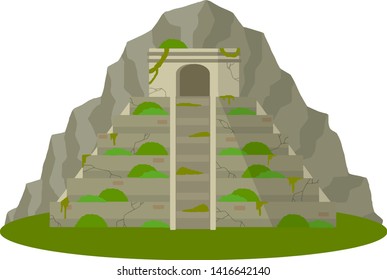 Mayan pyramid. The ancient mystical temple of the Indians of Mexico. South American tourist attraction. Old house with steps. Cartoon flat illustration. Summer season and green landscape with moss