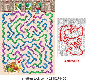 Mayan Pyramid. Find A Path To Mayan Treasure. Caution - Do Not Step On The Snake! Labyrinth For Kids. Vector Illustration. Only One Way Is Leading To The Finish, Other Paths Are Dead Ends.