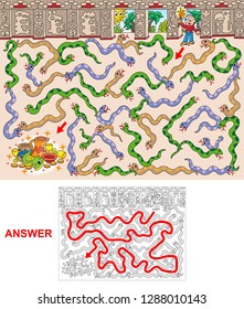Mayan Pyramid. Find A Path To Mayan Treasure. Caution - Do Not Step On The Snake! Labyrinth For Kids. Vector Illustration Of Labyrinth, Maze With Entry And Exit.