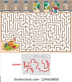 Mayan Pyramid. Find A Path To Mayan Treasure. Vector Illustration Of Labyrinth, Maze With Entry And Exit. Labyrinth For Kids.