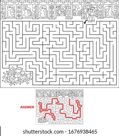 Mayan Pyramid. Find A Path To Mayan Treasure. Vector Illustration Of Labyrinth, Maze With Entry And Exit. Maze For Kids.