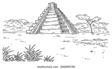 Mayan Pyramid And Jungle. Vintage Vector Engraving Black Illustration. Hand Drawn Design Ink