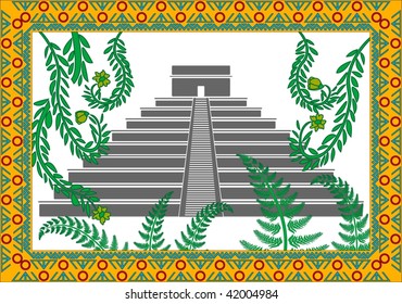 Mayan pyramid in jungles. mayan pattern. vector illustration