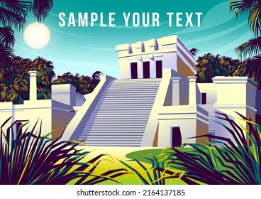 Mayan pyramid ruins with columns and stairs, palm trees and forest in the background. Handmade drawing vector illustration.