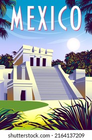 Mayan pyramid ruins with columns and stairs, palm trees and forest in the background. Handmade drawing vector illustration. Mexico travel poster.