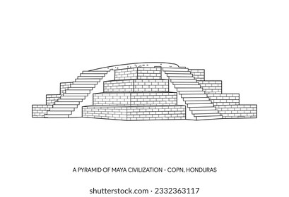 A Mayan pyramid at Copán Ruins temples, Honduras - Line Art Vector Illustration