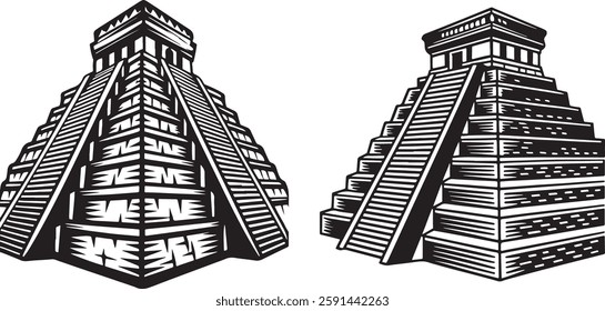 Mayan pyramid silhouette Silhouette, illustration on white background	