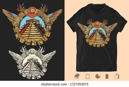 Mayan pyramids. Creative print for dark clothes. T-shirt design. Template for posters, textiles, apparels. Chichen Itzá. Mesoamerican mexico mythology and culture