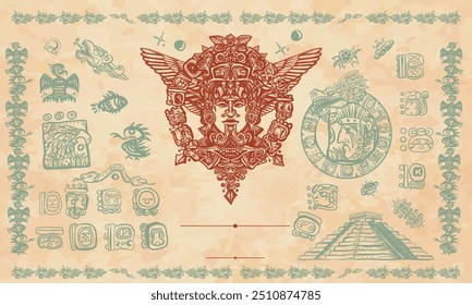 Pirámides mayas, glifos y tótem antiguo. Chichén Itzá. Civilización antigua. Aztecas, incas. Viejo Vector de papel. Plantilla de portada. Fondo de arte. Estilo de manuscrito medieval