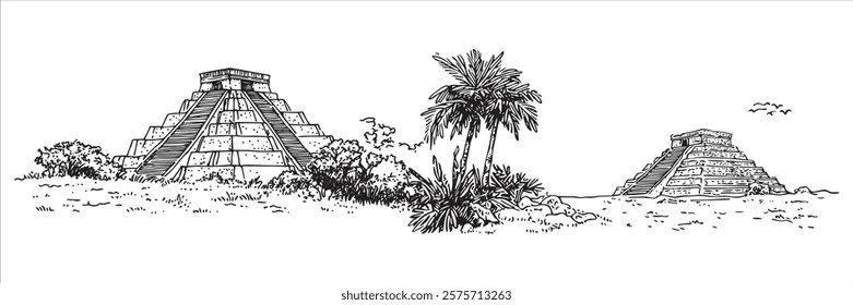 mayan pyramids and tropical palm trees in black outline drawing