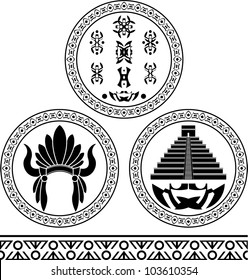 mayan signs, headdress, pyramid and pattern. stencils. vector illustration