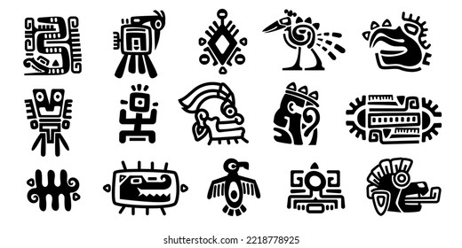 Mayan symbols. Ancient civilization religious totem characters, monochrome icons of mexican indian aztec inca indigenous. Vector isolated set. Different tribal shapes, animals and masks