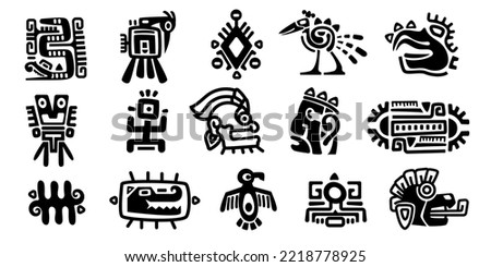 Mayan symbols. Ancient civilization religious totem characters, monochrome icons of mexican indian aztec inca indigenous. Vector isolated set. Different tribal shapes, animals and masks