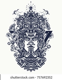 Mayan Tattoo And T-shirt Design. Ancient Aztec Totem And Art Nouveau Flowers, Mexican God 