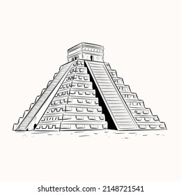 Mayan temple, hand drawn illustration of el castillo 


