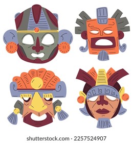 Mayan and tribal masks vector cartoon set isolated on a white background.