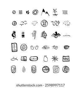 Mayan tribal symbols Abstract geometric shapes doodle decoration set. Ethnic boho elements collection. Colorful mayan hand drawn design. Vector illustration