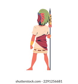 Mayan warrior in traditional costume and feather headdress standing with spear cartoon vector illustration