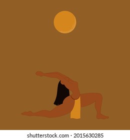 Una mujer maya reza al sol. Plantilla para una postal, pancarta, afiche. Ilustración plana vectorial sobre fondo dorado.