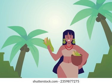 Mayan woman standing under palm trees, flat vector illustration. Maya civilization culture and traditions. African woman in traditional dress and accessories.