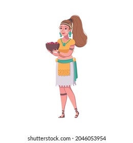 Mayan woman in traditional costume with bowl in hands on white background cartoon vector illustration