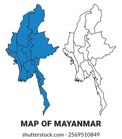 Mayanmar Blue detailed map border regions outline vector set