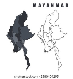Mayanmar country map black flat outline vector illustration set