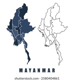 Mayanmar map regions border outline vector set
